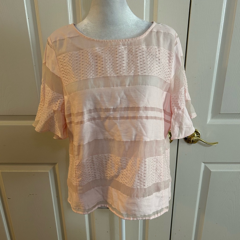 Liz Claiborne Blush Pink Sheer-Stripe Short Sleeve Blouse